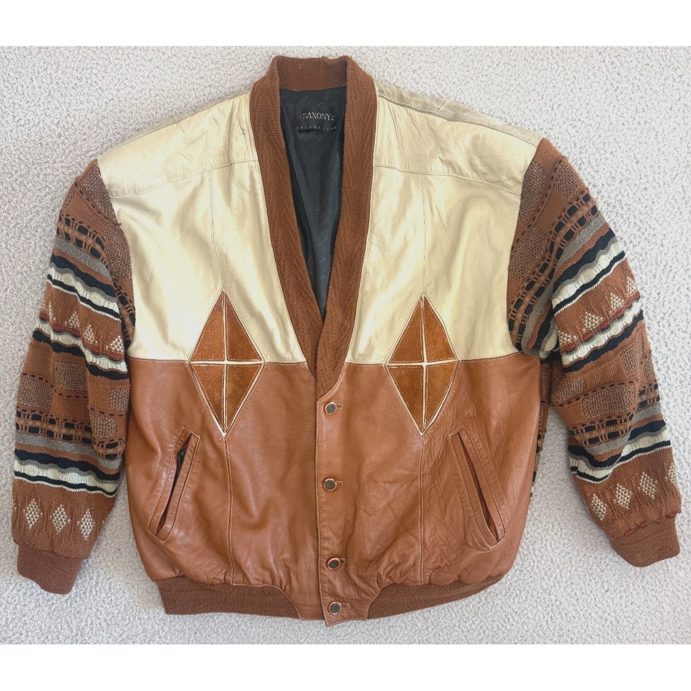 Vintage Leather Suede 3D Knit Sweater Jacket Mens XL Coogi Cosby 90s